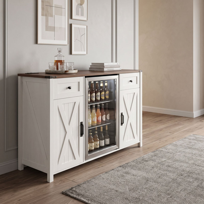 Mini armoire de réfrigérateur avec prise de courant, 2 tiroirs, tablettes réglables, supports à verres à vin et gestion des câbles