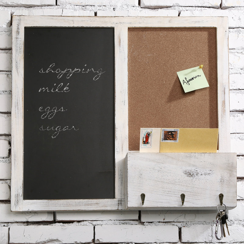Entryway Wall Organiser with Key Hooks/Mail Storage/Chalkboard/Corkboard, White