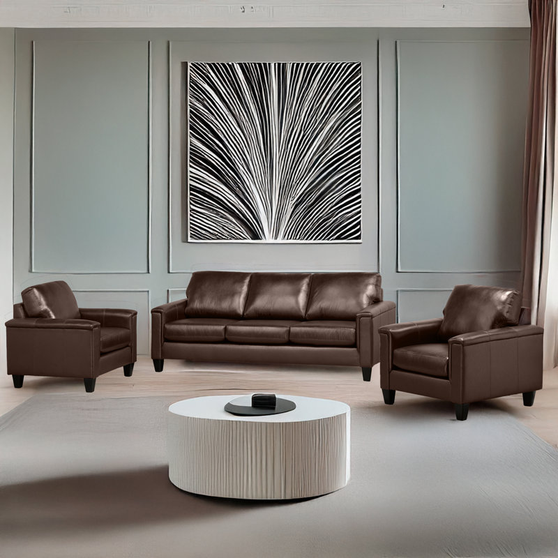 Ensemble de salon en cuir véritable Deboer, Similicuir brun, 3 Pieces: Sofa, 2 Chair