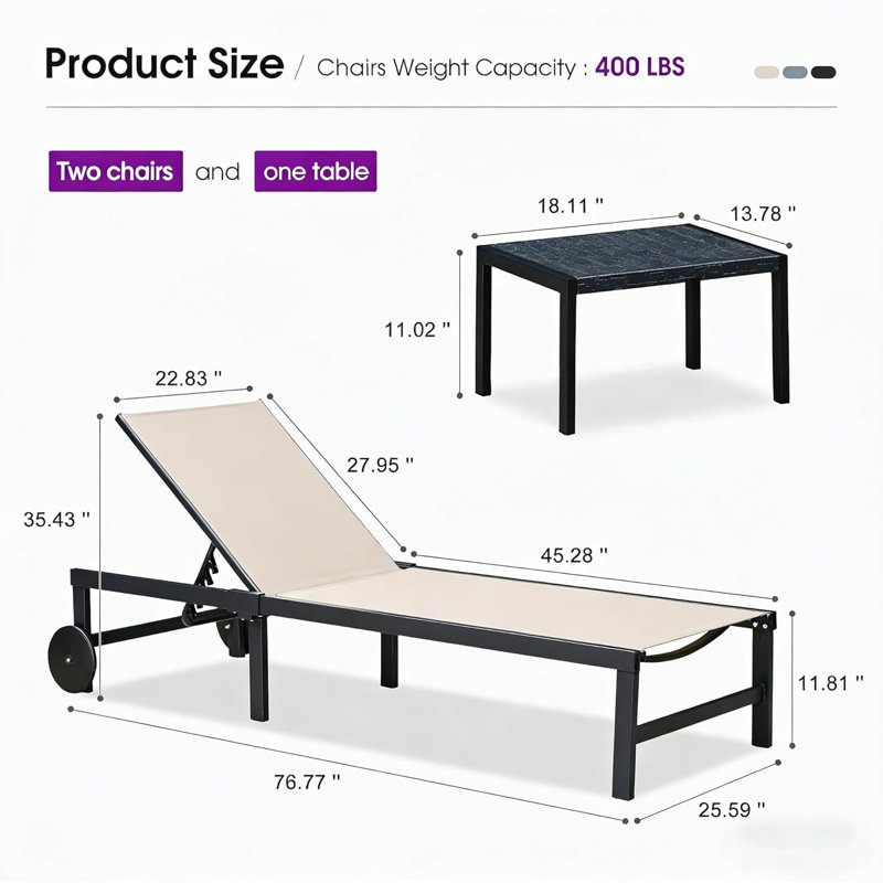 PURPLE LEAF Outdoor Chaise Lounge Chairs Set Recliner Aluminum Adjustable Chair with Wheels and Table for Poolside Beach Patio Reclining Sunbathing Lounger