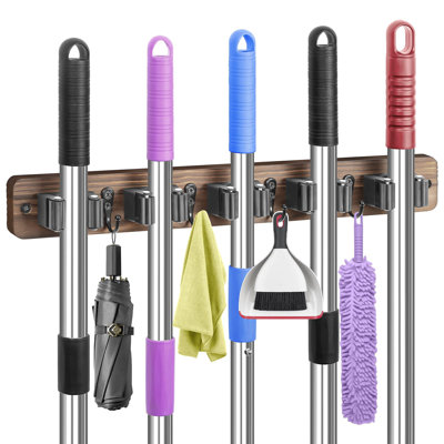 Broom Holder Wall Mount, Rustic Wood Broom Hanger With 5 Racks And 4 Hooks, Laundry Room Organization And Storage, Mop Holder For Home Decor, Garden, Garage, Kitchen, Closet