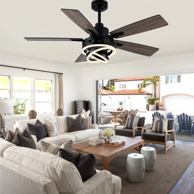  52" Modern 5-Blade Ceiling Fan with Light Kit and Remote, 6 Speed Black Quiet DC Dimmable Light with DIY LED Shade for Living Room