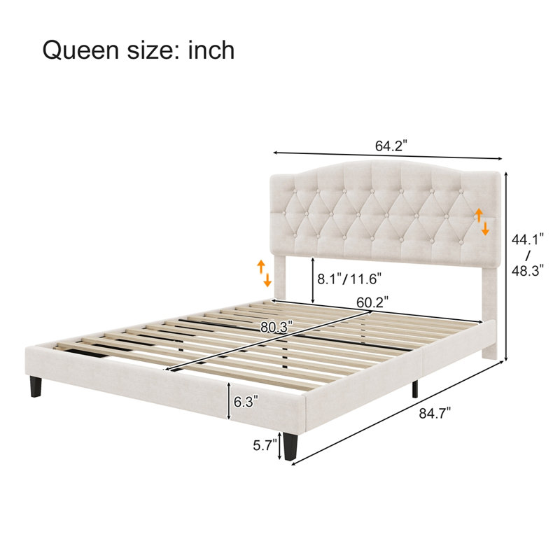 Lit plateforme tapissier capitonné avec tête de lit courbée et réglable, Grand lit