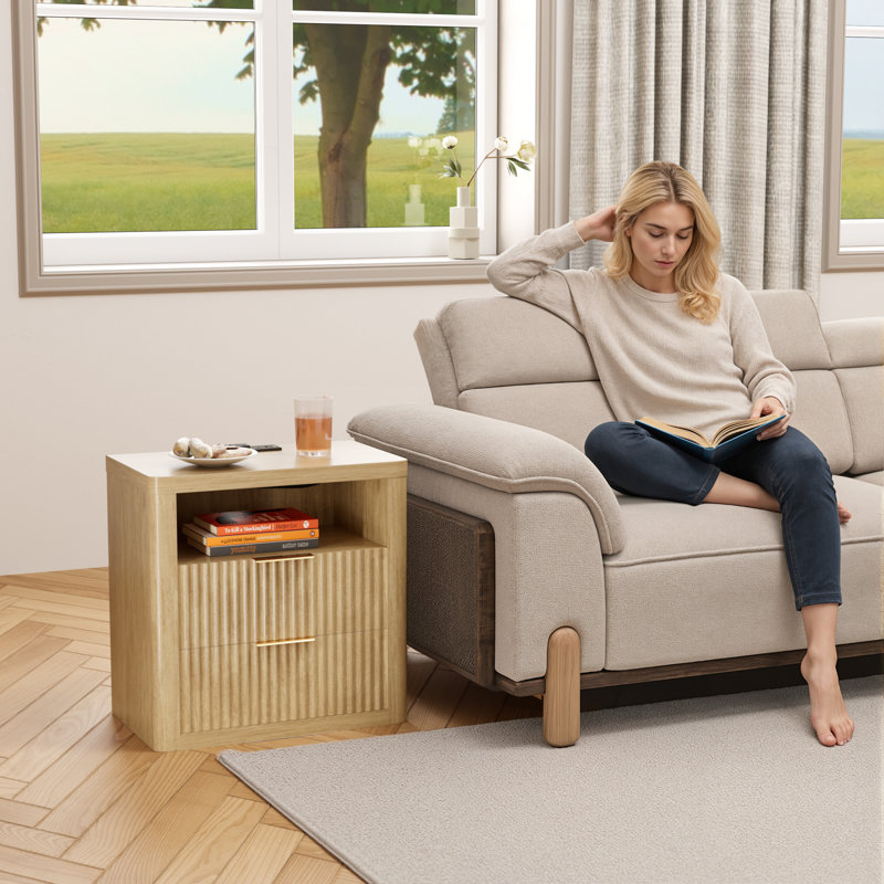 Table de bout avec rangement intelligent avec éclairage ambiant et ports de charge, table d'appoint de luxe moderne, Beige, 1