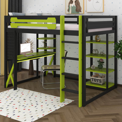 Lit mezzanine double avec bureau, lumière à DEL RVB et station de charge, lit en bois avec bureau en dessous