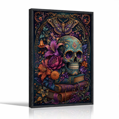 Crâne turquoise orné sur des livres avec toile murale d'Halloween violette et orange