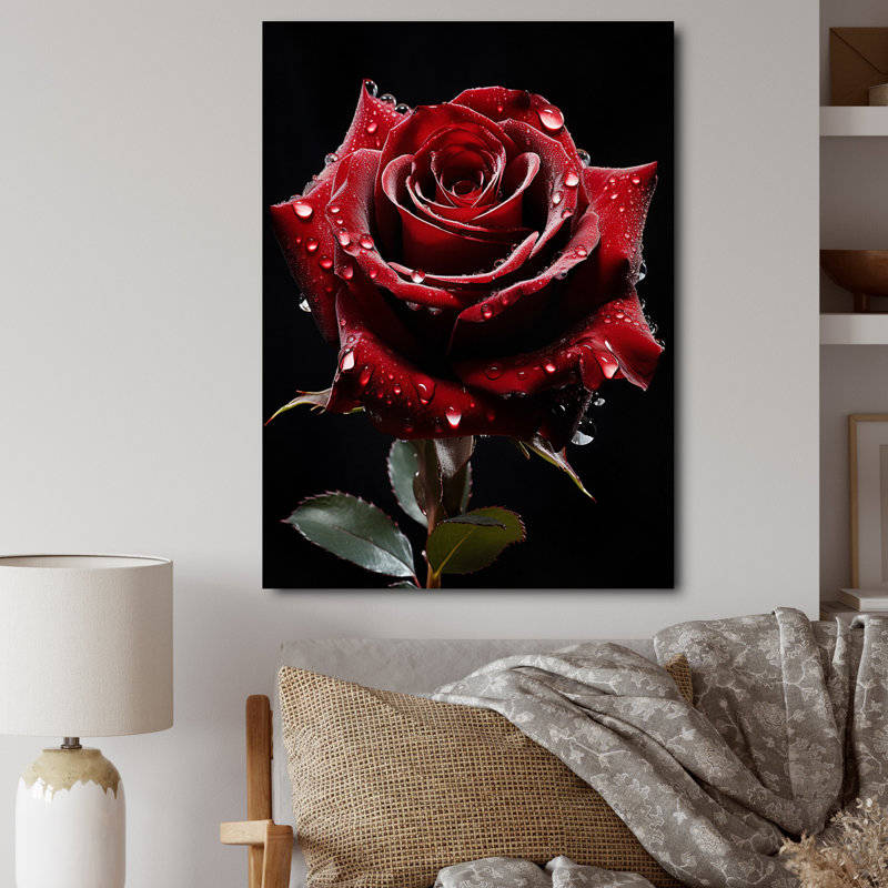 «Rain Drops On Red Rose Elegance», impressions murales florales, Toile tendue, H 32 po x l 24 po x P 1 po