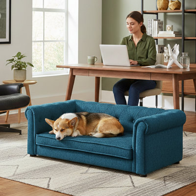 Furniture Style Elevated Dog Sofa Bed with Tufted Back and Cushioned Seat for Small & Medium Dogs, Dusty Blue
