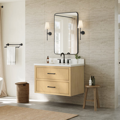 Isola WM 36 Inch Single Wall Mounted Bathroom Vanity in Scandinavian Oak, White Quartz Countertop, Undermount Square Sink (3-Hole), Matte Black Trim