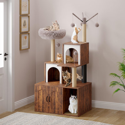 Meuble pour chat 2 en 1 avec rangement pour litière, poteaux à griffer en sisal et jouets à pompons suspendus