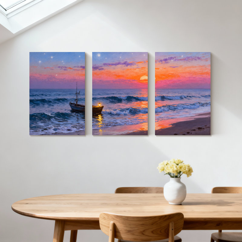 Abstrait, coucher de soleil, bateau, océan, vagues du ciel, étoiles, ensemble de 3 impressions sur toile, H 30 po x l 60 po