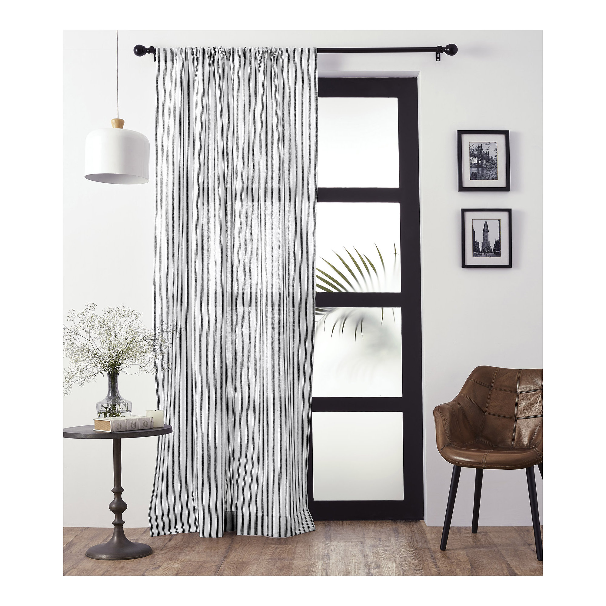 Capri Ticking Stripe - 100% Pure Linen Curtain, Black and White, 52" W x 120" L