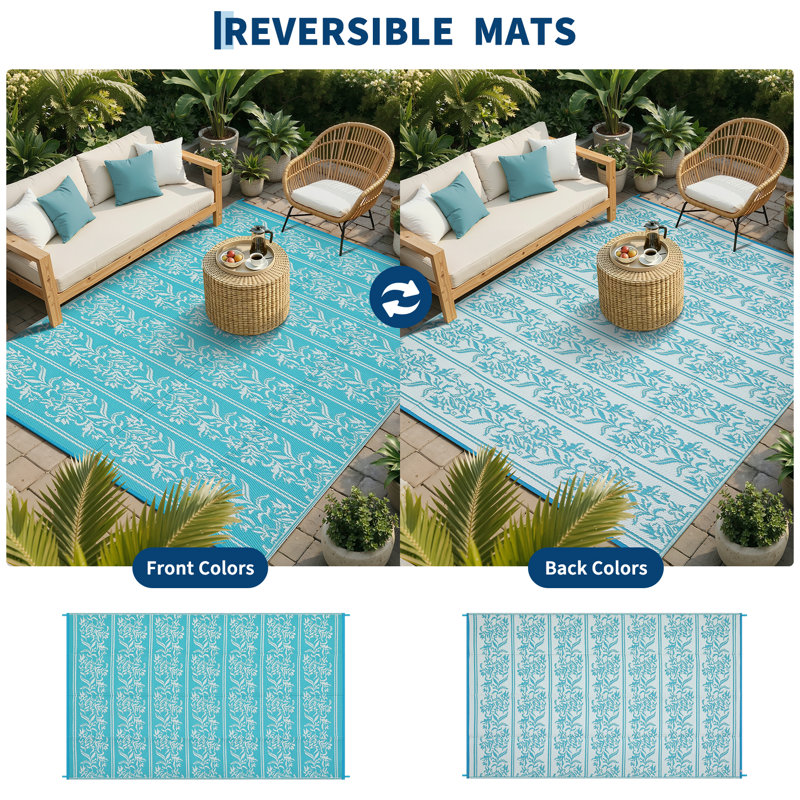 Area Rug Waterproof Reversible Outdoor Rug  Boho Leaf Design  Patio Rug Lightweight, UV & Mark Resistant Patio Carpet with Stakes & Storage Bag for RV, Camping, Picnic, Deck, Backyard