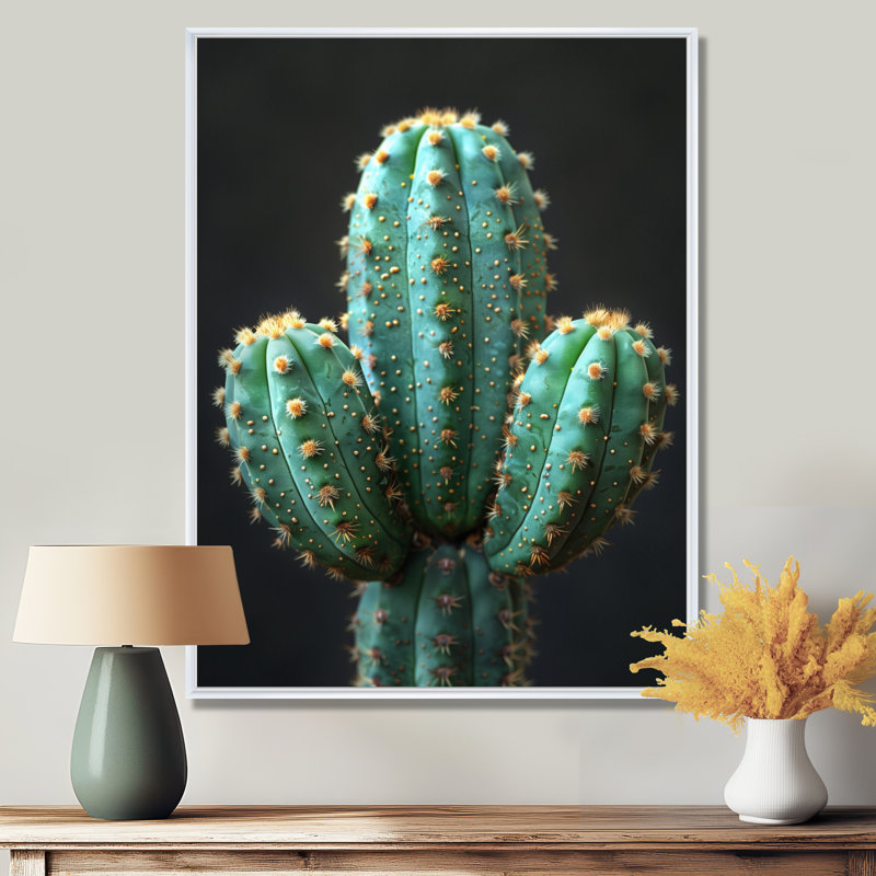 Cactus vert, désert noir, cactus floral, salon d'art mural, Toile encadrée flottée blanche, H 20 po x l 12 po x P 1 po