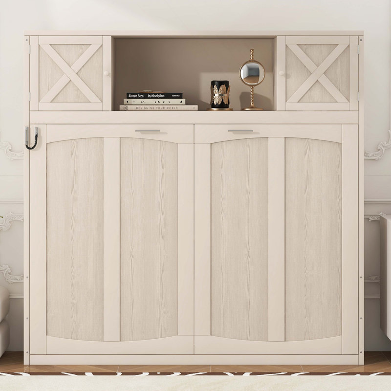 Grand lit escamotable avec armoires de rangement, Beige