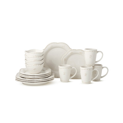 Certified International Heritage Beads 16pc Stoneware Dinnerware Set – Classic Cream White Plates, Bowls & Mugs With Raised