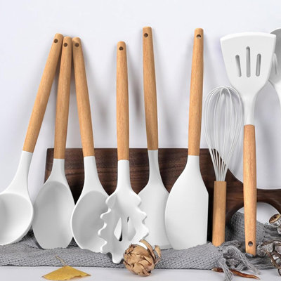 Ensemble 33 pièces d'ustensiles de cuisine en silicone, poignée de bois antiadhésive, résistant à la chaleur, blanc