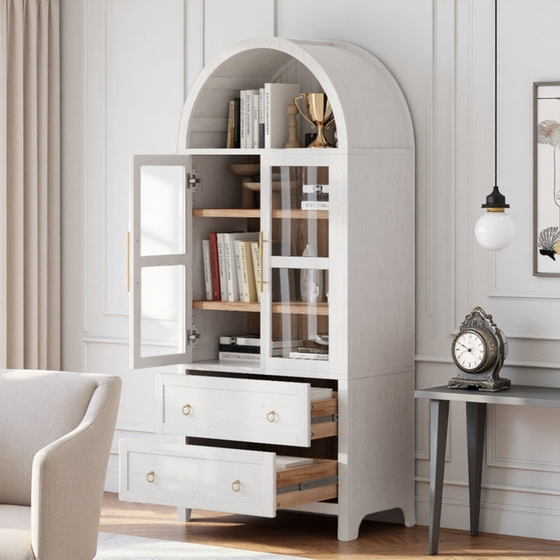 Tall Arched Top Cabinet Bookcase with Glass Doors and Drawers for Kitchen, Workspace, White