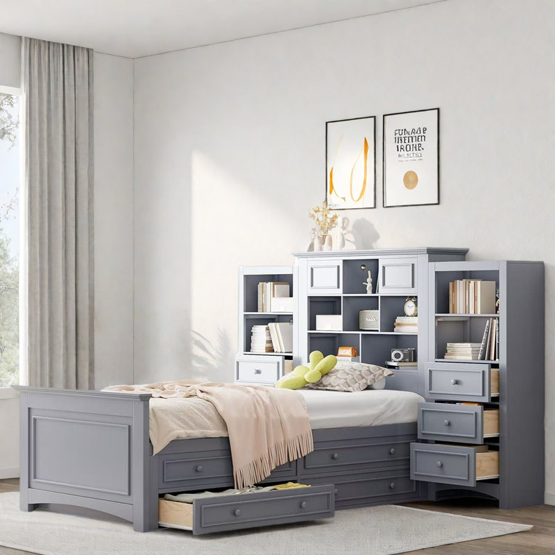 Lit plateforme en bois avec tiroirs et compartiments de rangement, Gris