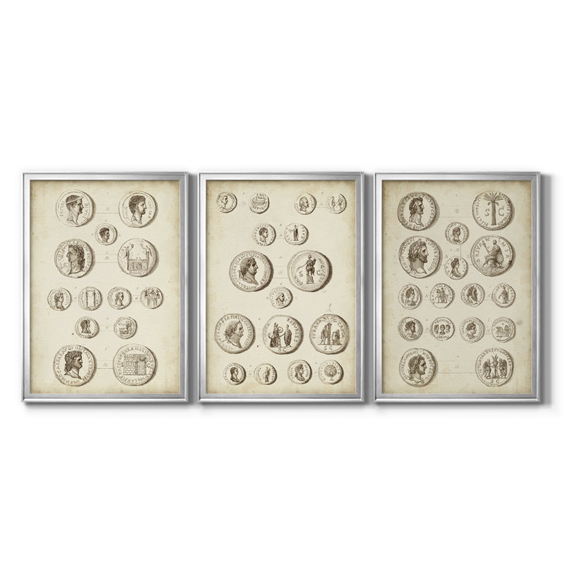 Antique Roman Coins I - Toile tendue avec châssis sur mesure - 3 pièces, H 15 po x l 19 po, Argent argent