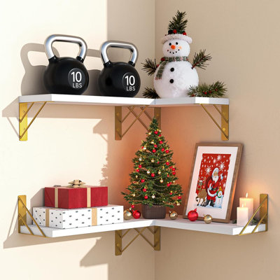 Set Of 4 White & Gold Floating Wall Shelves – Rustic Mounted Shelves For Living Room, Kitchen & Bedroom Decor
