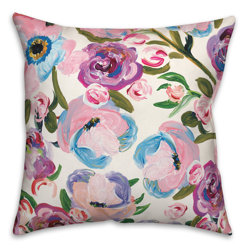 Housse et insert de coussin d'extérieur carré Painted Florals 3, 18 po x 18 po, Rose