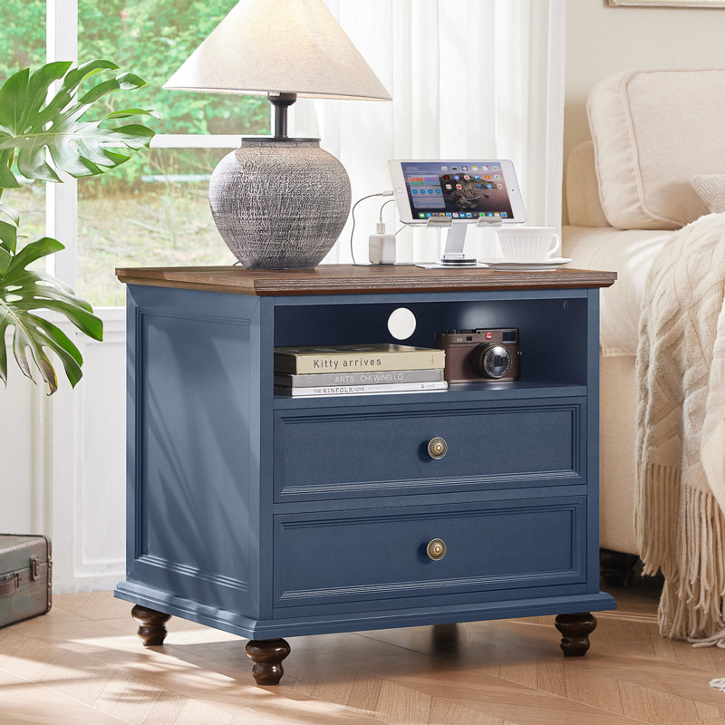 24" Wide Farmhouse Nightstand With Charging Station, End Table With 2 Drawers,Wood Dresser For Bedroom Cabinet, Bed Side Table Chest Of Drawers, Night Stand For Living Room, Closet