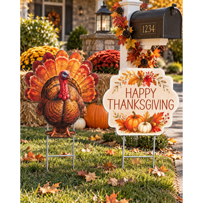 Ensemble de 2 panneaux de jardin pour l'Action de grâce, décorations d'automne extérieures en PVC imperméable avec piquets, remerciements, décorations de pelouse