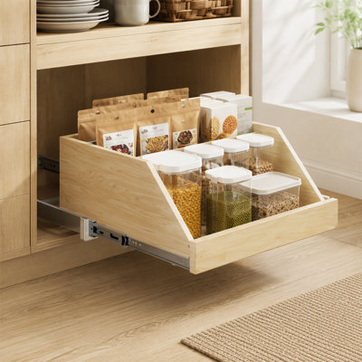 Tiroir de 16,7 po x 21,2 po de hauteur avec tablette coulissante en bois, glissières entièrement extensibles à fermeture ferme, convenant pour le rangement des armoires de cuisine.