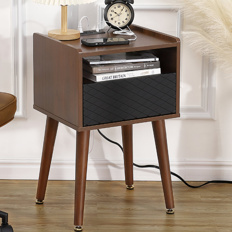 Table de chevet Mid Century, table de bout moderne avec station de charge et rangement
