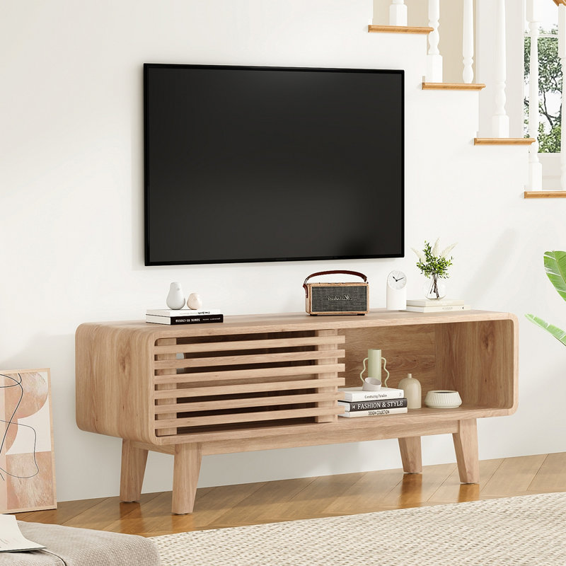 Modern TV Stand For Tvs Up To 50" With Mobile Sliding Door Design, Natural Wood