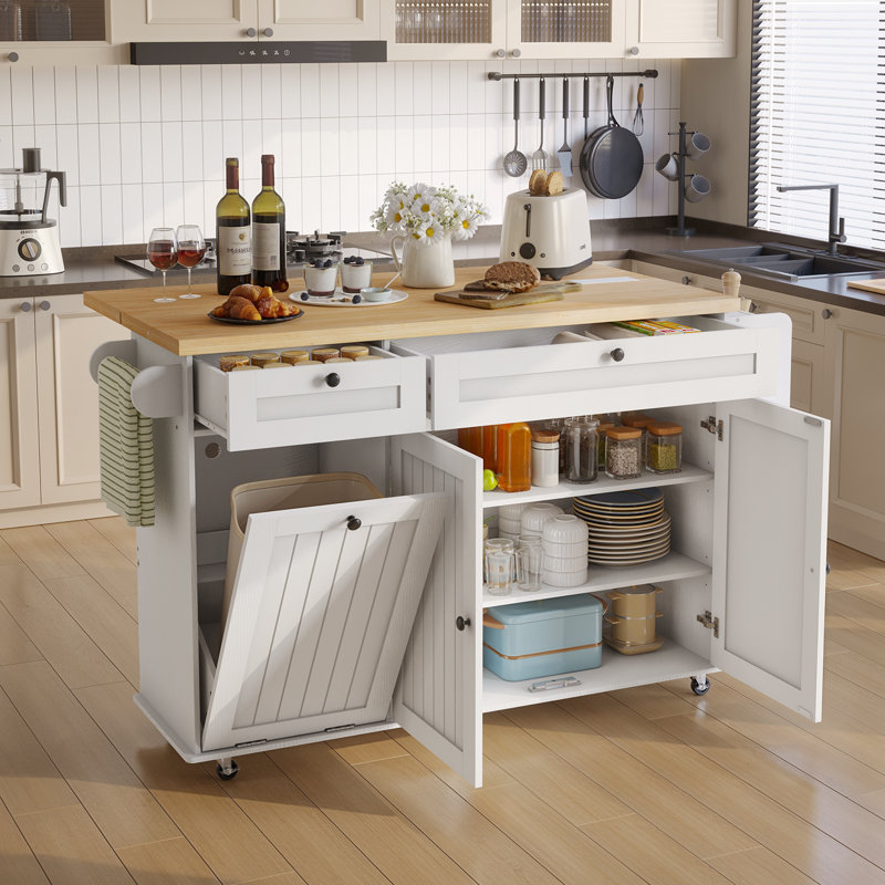 Jamera 60.2"W Kitchen Island with Two Large Storage Cabinets And Drawers, Locking Wheels, Oak/White