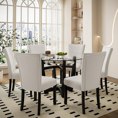 Ensemble de salle à manger moderne 7 pièces, table de salle à manger en verre et 6 chaises Parsons