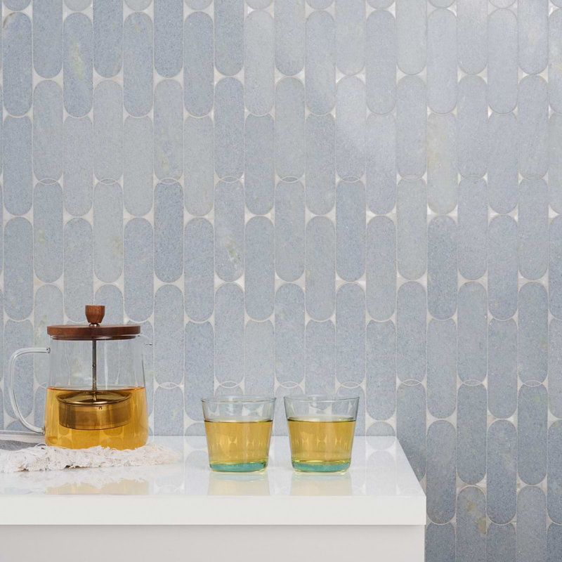 Norway Thassos 2X6 Polished Marble And Pearl Mosaic Tile, Blue Celeste