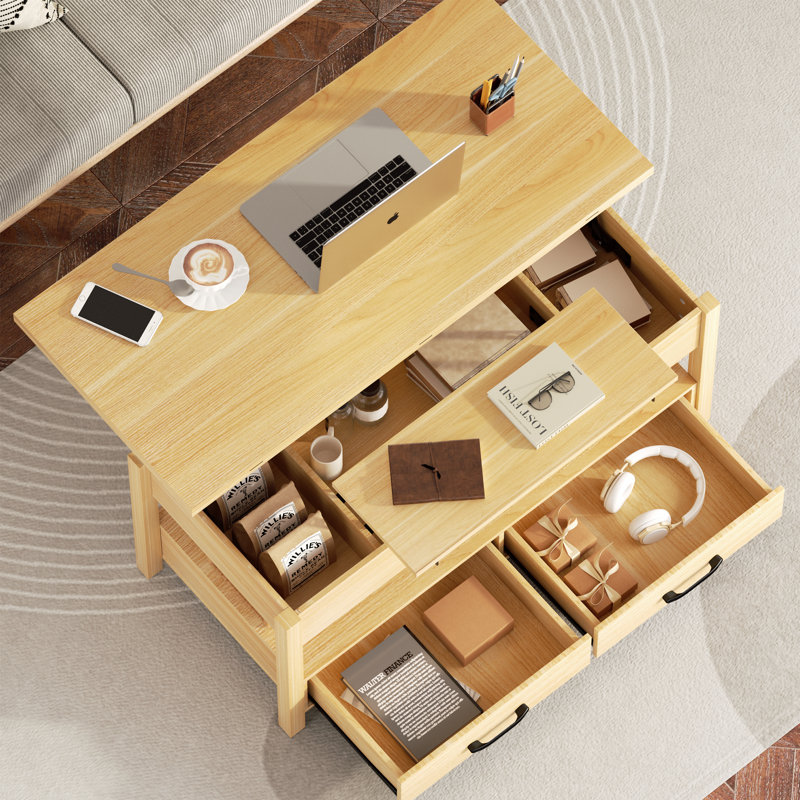 Lift Top Coffee Table with Hidden Storage & Drawers, 3-in-1 Convertible Multi-Functional Center Table for Living Room, Small Space, Home Office & Dining