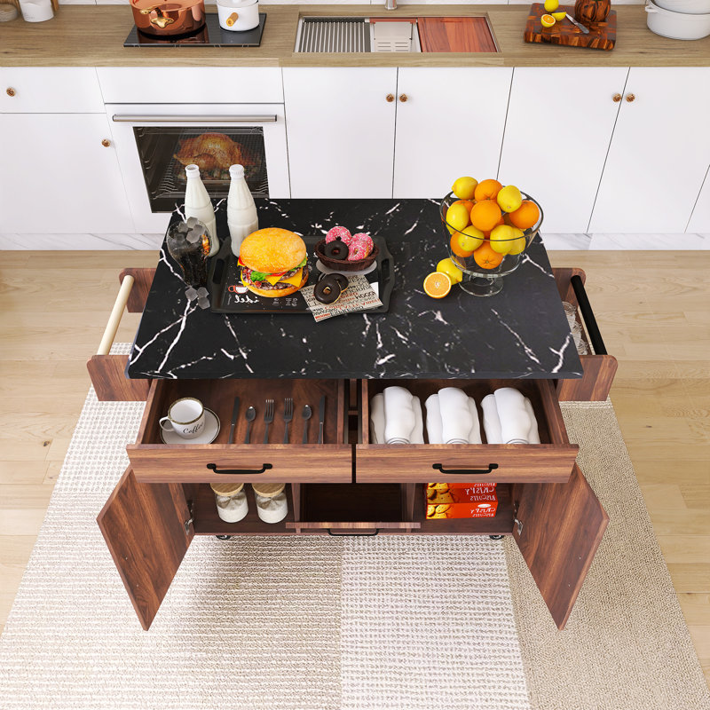 Chariot de cuisine 43,8 po à plateau rabattable avec armoire de rangement pour poubelle, porte-épices et porte-serviettes