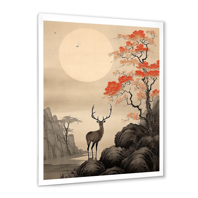 Bustleton " Asian Art Deer Sumi ", 32" H x 16" W x 1" D, White Picture Framed
