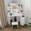 Corner Makeup Vanity with Lights - Adjustable LED Mirror, 5 Rotating Drawers & Power Outlet, Includes Stool -1728931348