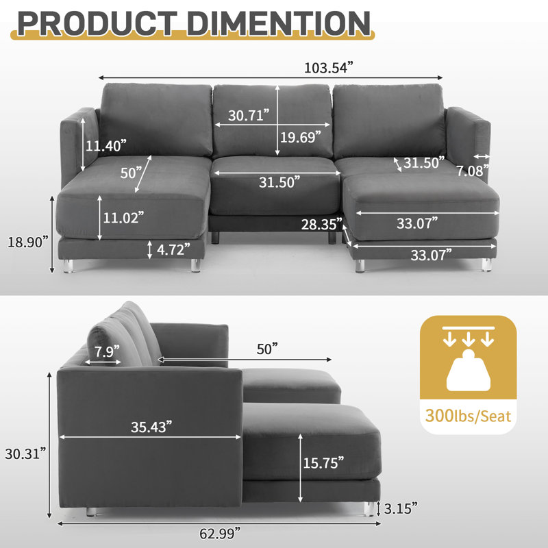 Shugar 103.5'' 4-Piece Gray Suede Thick Cushion Comfy Cloud Wide Floating Corner Sectional Sofa, Gray Suede