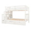 Lit double au-dessus d'un lit superposé, finition blanche, tablettes ouvertes et 6 tiroirs pour courtepointes, escalier avec fonction de rangement, divisible en deux lits plateforme - options de lit multiples, escalade facile en quatre étapes, garde-corps-1317001662
