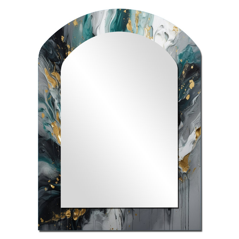 Gold Teal Ink On Stone - Abstract Arch Unique Wall Mirror, Modern Asymmetrical Mirror, Printed Metal Art, 34" x 25"