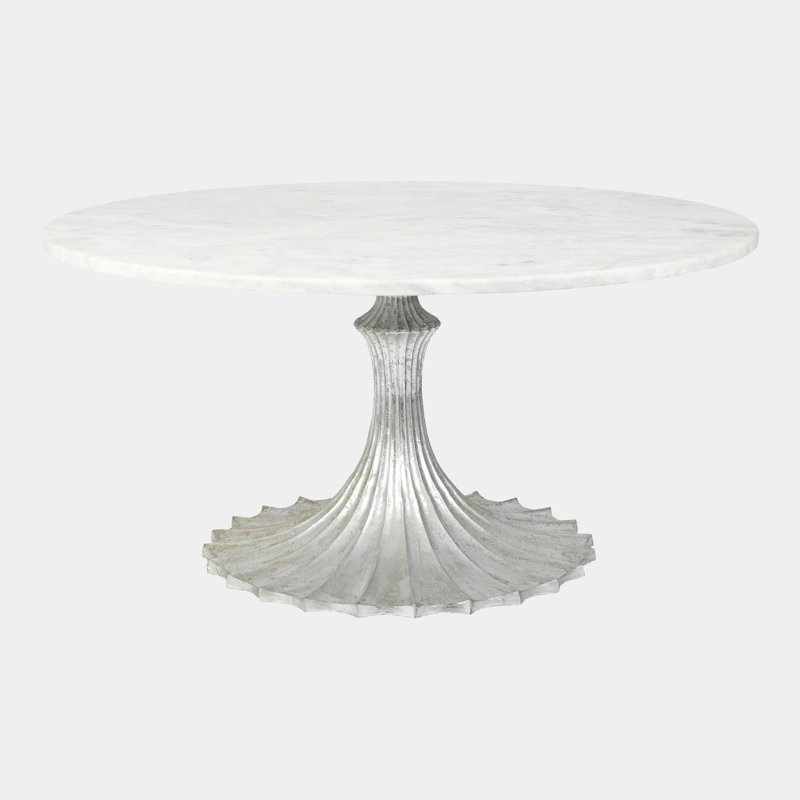 Flute Table 60" White Marble Top W/34" Gold Leaf Base, 30"H x 60"L x 60"W, Silver
