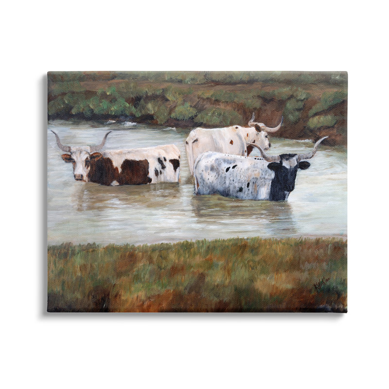 Étang de baignade «Longhorn» par Kathy Winkler - peinture sur toile tendue, H 36 po x l 48 po x P 1,5 po
