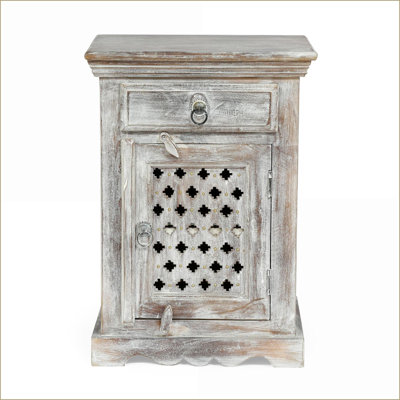 Table de chevet en bois de manguier massif avec 1 tiroir et armoire Boho