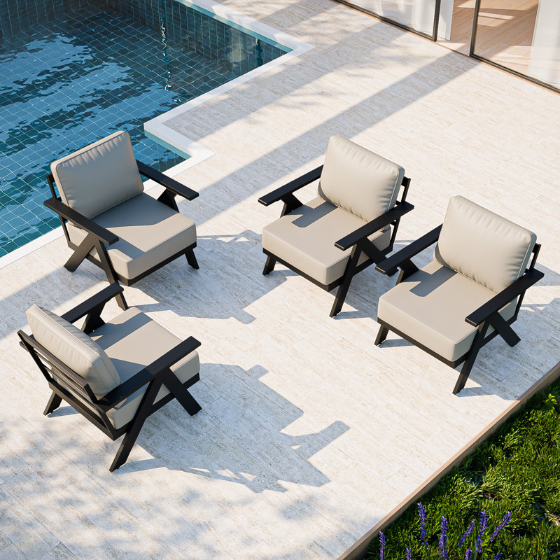 Chaises club en aluminium pour patio, fauteuils d'extérieur avec coussins (ensemble de 4), Beige