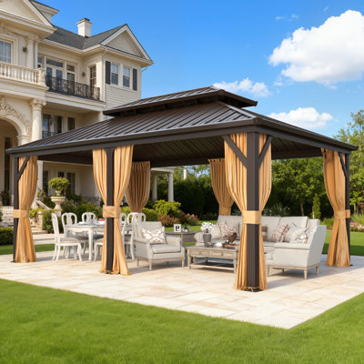 Pavillon de jardin à toit rigide de 12 pi x 18 pi, pavillon de jardin à structure en aluminium avec double toit en acier galvanisé, pavillon extérieur permanent en métal avec rideau et filet pour patio, pelouse, terrasse