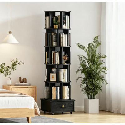 5-Tier Rotating Bookcase with Wheels and Drawers, 360° Swivel Corner Bookshelf, Solid Wood Storage Tower with Lockable Casters, Narrow Spinning Organizer for Living Room, Bedroom(Black)