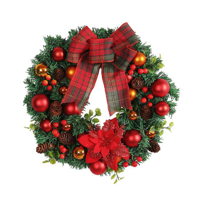 15.75 Inch Artificial Christmas Wreath with Plaid Bow & Poinsettia, Festive Holiday Front Door Decor