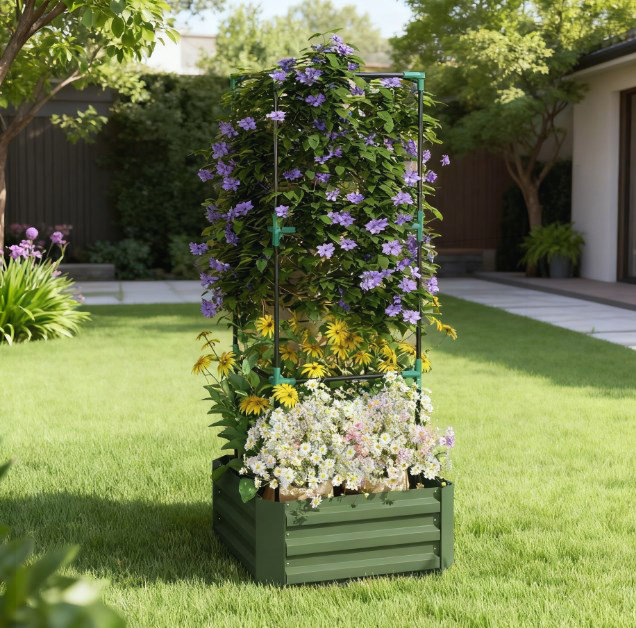 Raised Galvanized Steel Garden Bed with Adjustable Trellis for Climbing Plants and Open Bottom Drainage, Green