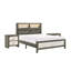Grand lit avec tête de lit à profil bas et éclairage intégré, gris beige, tête de lit de rangement contemporaine, profil bas, bois beige, tablettes